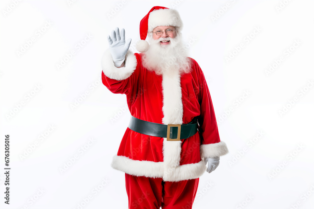 Santa Claus isolated on white on total white background smiling and greeting with his right hand. Santa Claus isolated on white on total white background smiling and greeting with his right hand.
