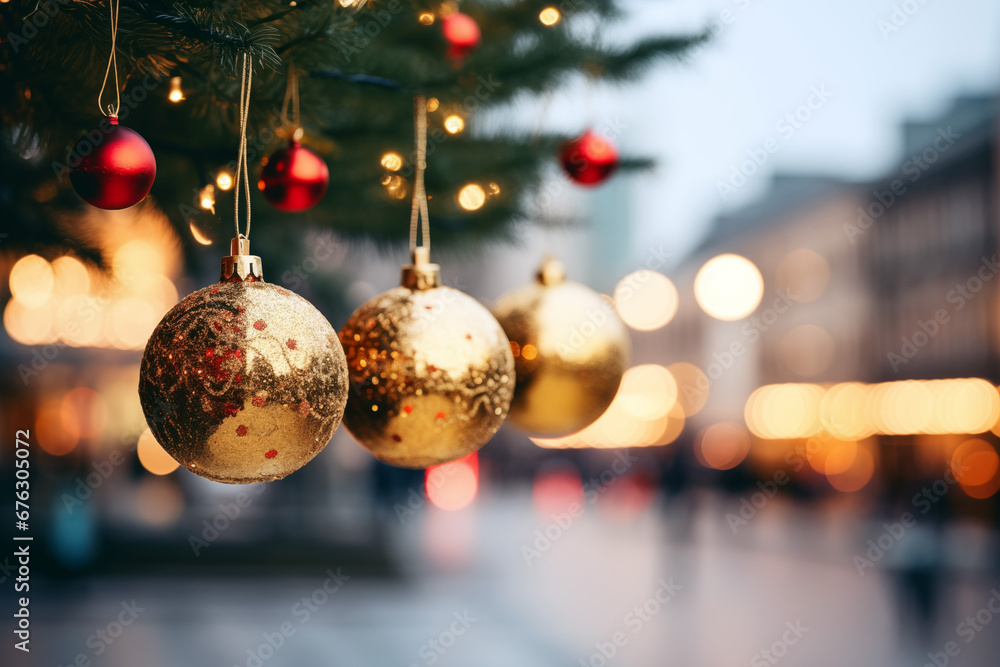 Christmas decorated balls hanging in a shopping street full of lights during December festivity. Christmas decorated balls hanging in a shopping street full of lights during December festivity.