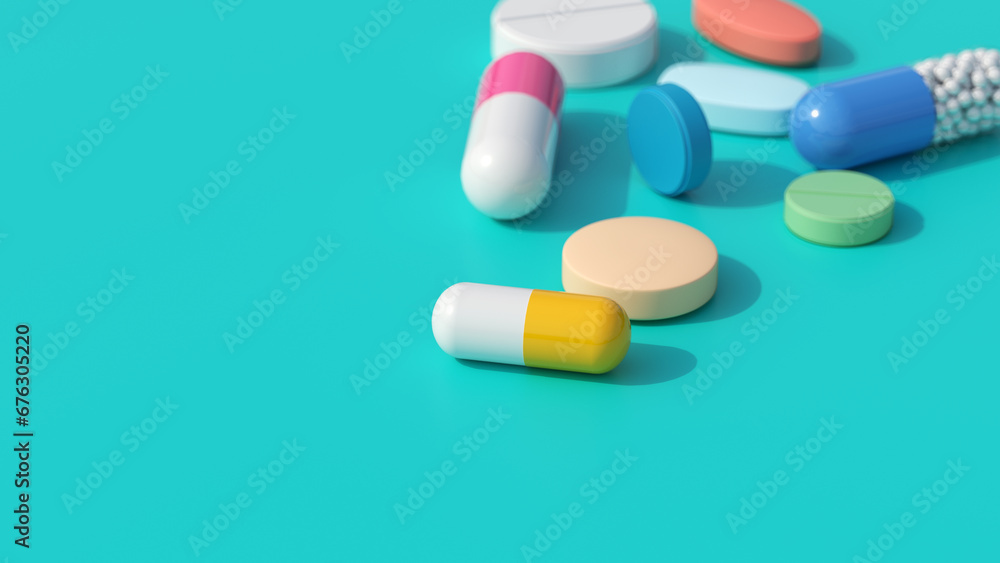 흩어진 알약, 파란 배경. Scattered Pills on Blue Background,Space for copy. 3D Rendering 흩어진 알약, 파란 배경. Scattered Pills on Blue Background,Space for copy. 3D Rendering