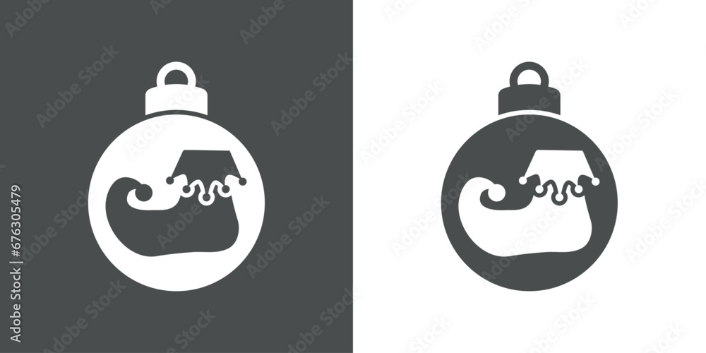 Tiempo de Navidad. Logo con silueta de bola de navidad con bota de elfo de Santa Claus para su uso en invitaciones y felicitaciones Tiempo de Navidad. Logo con silueta de bola de navidad con bota de elfo de Santa Claus para su uso en invitaciones y felicitaciones