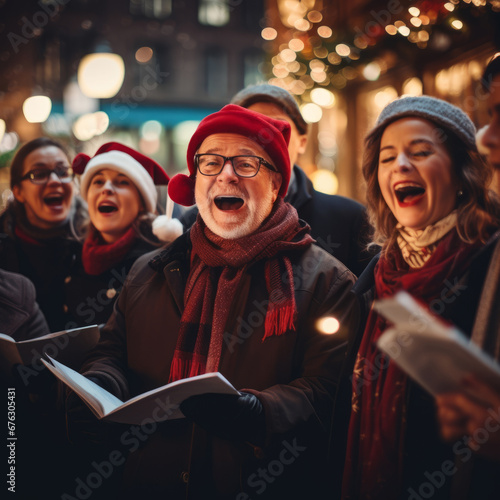 Joyful Senior Carolers Spreading Holiday Cheer with Traditional Songs in the Heart of the City