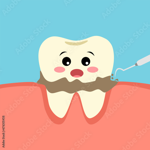 Cute funny tooth cartoon character with dentist tool removing calculus in flat design.