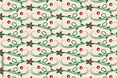 Christmas flourishes swirls holly leaves Seamless Pattern, winter vibes berry leaf modern Christmas pattern, holiday green ornate Christmas pattern, wrapping paper holiday holly printing fabric 