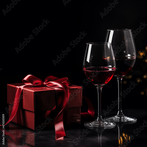 Two glasses with red wine and a gift box on a dark background