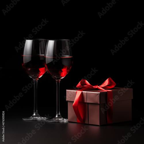 Two glasses with red wine and a gift box on a dark background