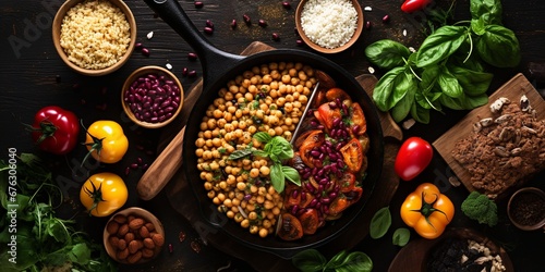 A flat lay display featuring a variety of organic grains and legumes surrounding a well-used cast iron skillet, capturing the essence of vegan feast preparation. photo