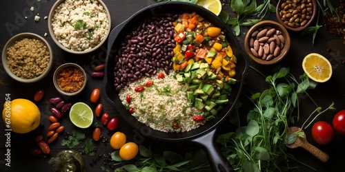 A flat lay display featuring a variety of organic grains and legumes surrounding a well-used cast iron skillet, capturing the essence of vegan feast preparation. photo