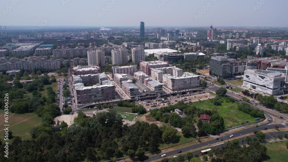 Drone Shot of New Belgrade, Serbia. YUBC Business, Chinese Cultural Center Buildings, Traffic and Neighborhood Drone Shot of New Belgrade, Serbia. YUBC Business, Chinese Cultural Center Buildings, Traffic and Neighborhood