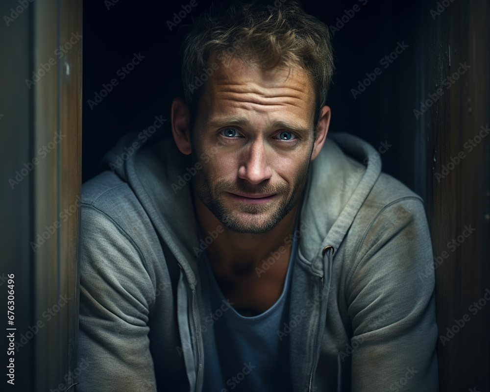 Fototapeta premium Sad man with depression, tears in his eyes. mental health