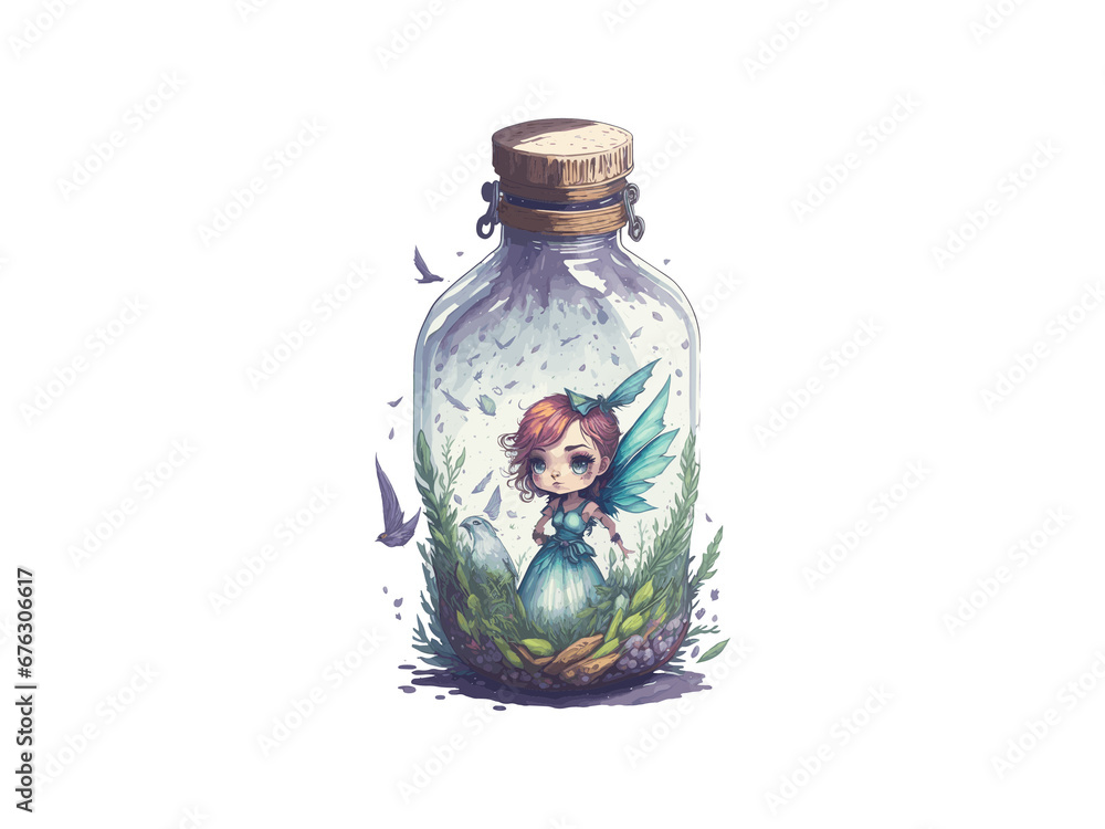 Watercolor Fairy Girl in Glass Bottle Watercolor Fairy Girl in Glass Bottle