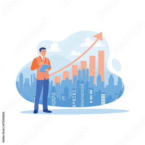Male businessman using digital tablet. Background of multi-storey buildings and rising diagrams. Digital business concept. trend modern vector flat illustration