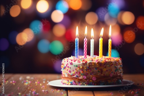 birthday cake with candles on table with bokeh lighting,