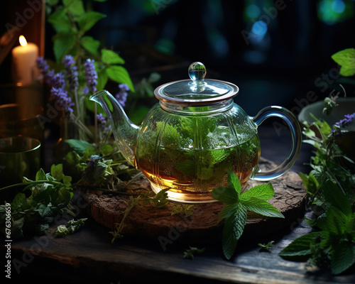 Glass teapot with mint tea
