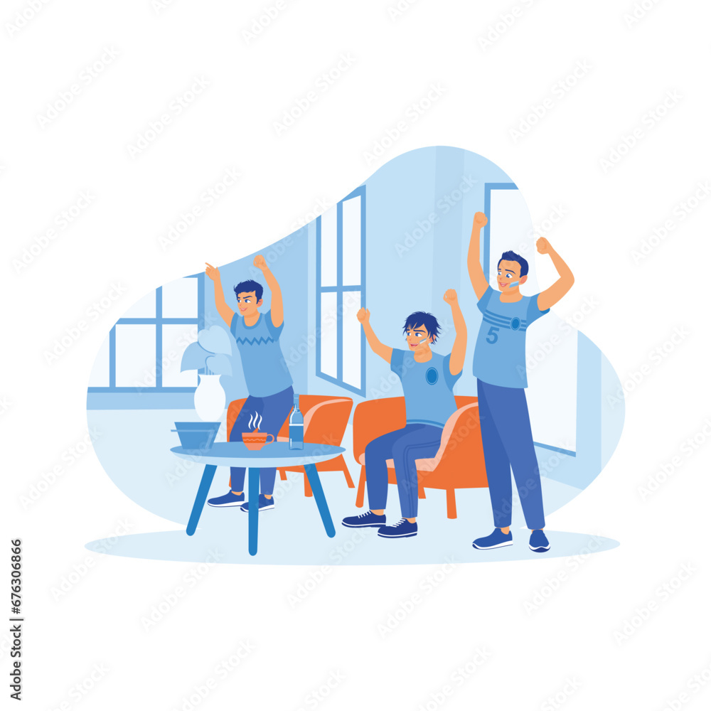 Three football fans watching a match together indoors with painted faces. They cheer and scream when their team wins. Celebration concept. trend modern vector flat illustration