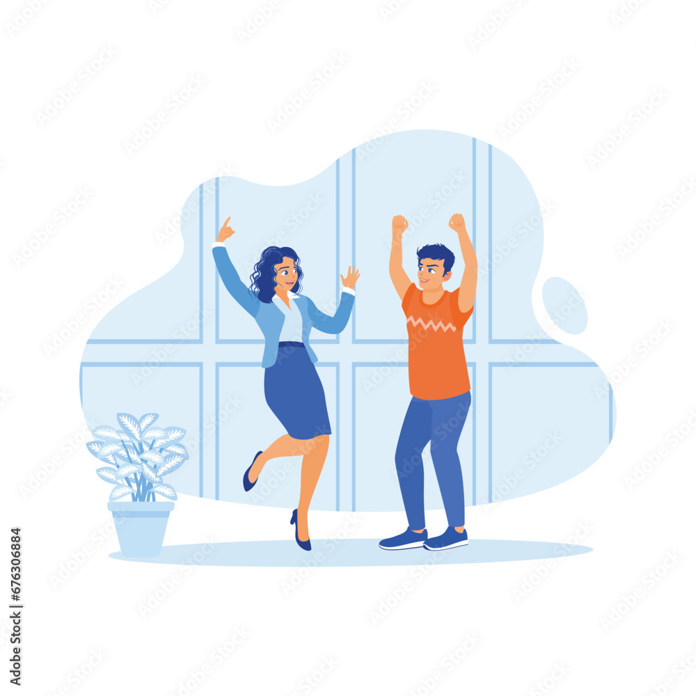 Fototapeta premium Happy and cheerful men and women celebrating promotion. A woman delivers happy news to a man. Celebration concept. trend modern vector flat illustration