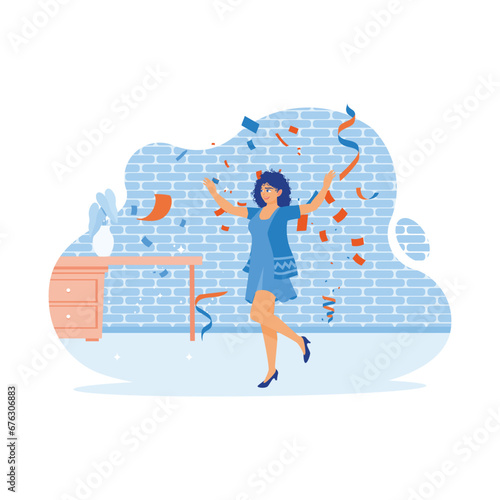 Cheerful and happy girl celebrating success. Standing while throwing confetti indoors. Celebration concept. trend modern vector flat illustration