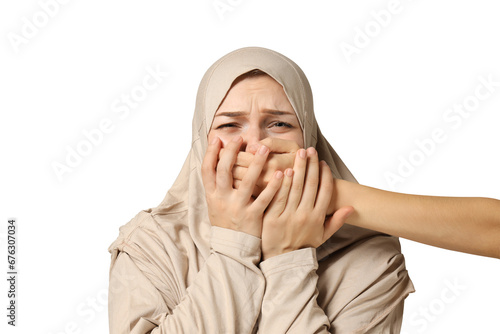 PNG,the frightened woman covered her mouth with her hands, isolated on white background