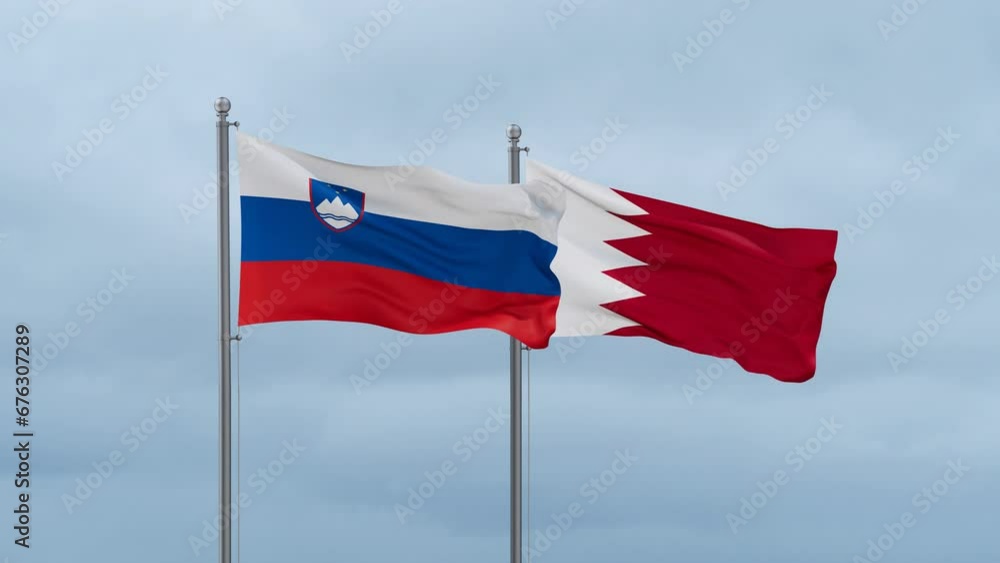 Bahrain flag and Slovenia flag waving together on cloudy sky, endless seamless loop, two country relations concept Bahrain flag and Slovenia flag waving together on cloudy sky, endless seamless loop, two country relations concept