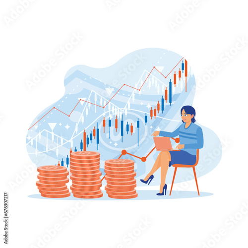 Businesswoman sitting on a chair holding the laptop in office. Study the management of unstable business and financial strategies. Stock Trading concept. trend modern vector flat illustration