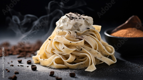 Tasty fettuccine with truffle on grey table blur background