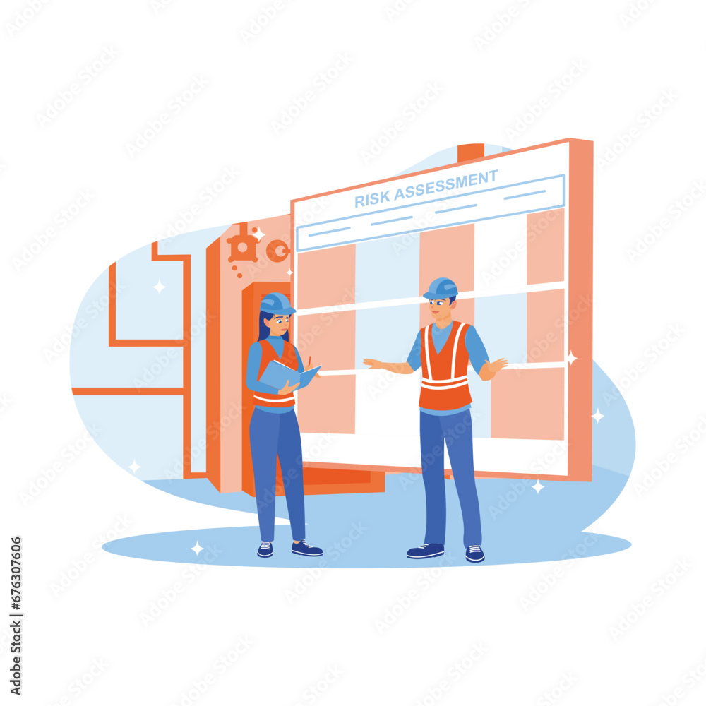 Female manager holding form, pen and risk matrix, standing with coworkers in factory workshop. Industrial risk assessment and safety audit. Finance control scenes concept. Female manager holding form, pen and risk matrix, standing with coworkers in factory workshop. Industrial risk assessment and safety audit. Finance control scenes concept.