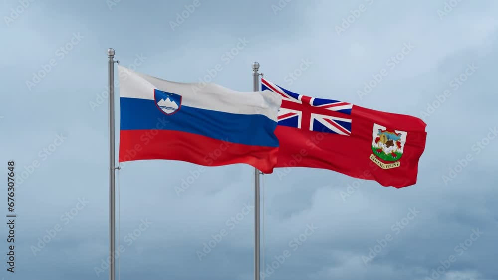 Slovenia flag and Bermuda or Somers Isles flag waving together on cloudy sky, endless seamless loop Slovenia flag and Bermuda or Somers Isles flag waving together on cloudy sky, endless seamless loop