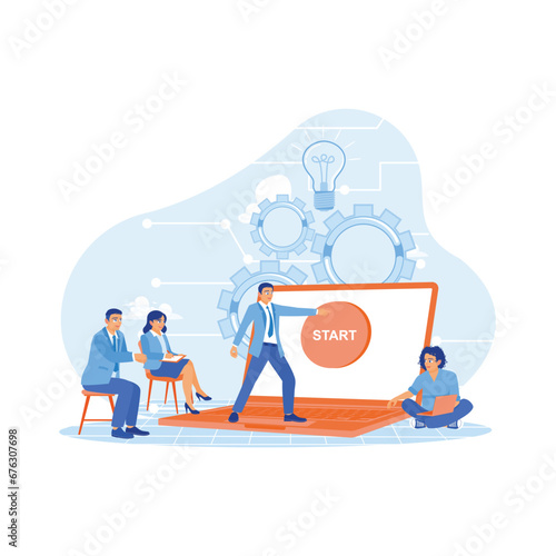 Businessman standing in front of laptop pressing start button on screen. Increasing education and employment in the field of computer technology. Education concept. 
