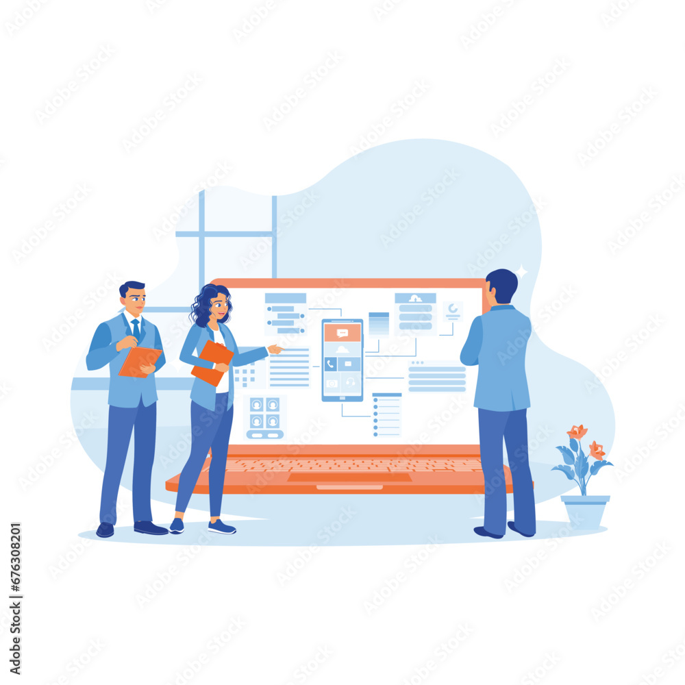 IT expert working in modern office. Develop UI and UX designs for mobile applications on laptop computer screens. APP devs concept. trend modern vector flat illustration