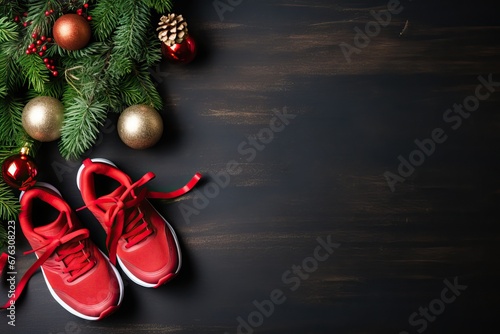 New years running shoe. Healthy lifestyle, new year challenge, fitness trainer sneakers with christmas decorations, Christmas sport shoes top view, flat lay composition, wide banner on black