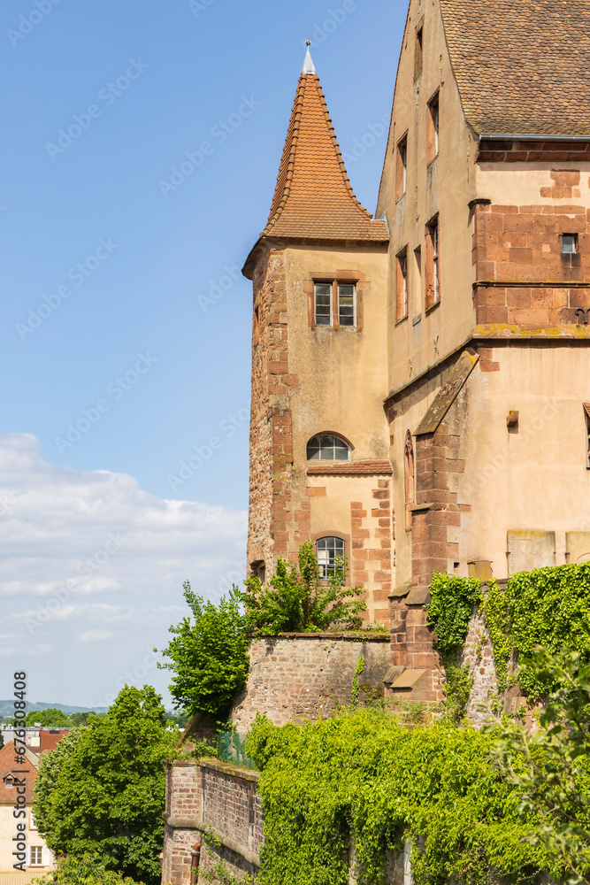 Cityscape with ancient abbey and chateau de Rohan Saverne in northen Alsace France