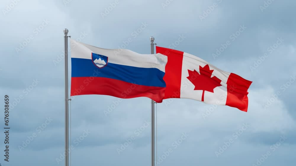 Canada and Slovenia flag waving together on cloudy sky, endless seamless loop, two country cooperation concept Canada and Slovenia flag waving together on cloudy sky, endless seamless loop, two country cooperation concept