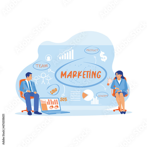 Two entrepreneurs discuss and give each other marketing ideas for a new business. Marketing concept display on the laptop screen. Marketing concept. trend modern vector flat illustration © berkah design