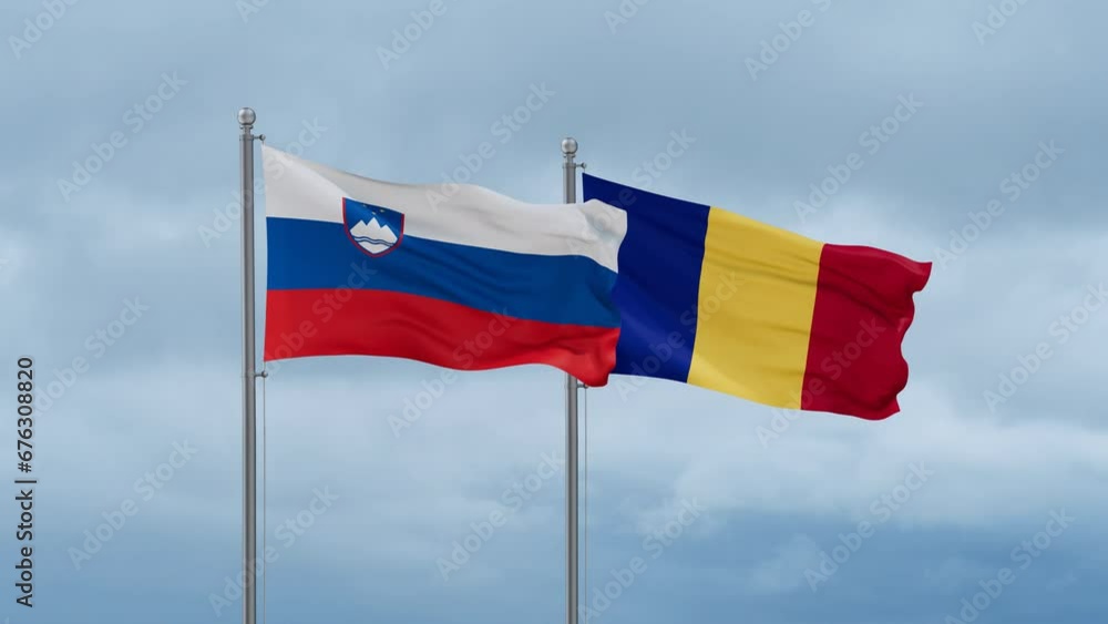 Chad flag and Slovenia flag waving together on cloudy sky, endless seamless loop, two country relations concept Chad flag and Slovenia flag waving together on cloudy sky, endless seamless loop, two country relations concept