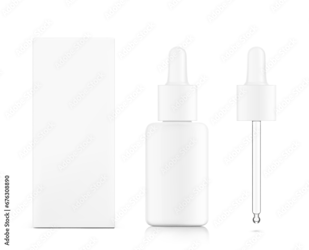 Realistic cardboard packaging box mockup with dropper bottle mockup isolated on white background.Vector illustration. Сan be used for cosmetic, medical and other needs. EPS10. Realistic cardboard packaging box mockup with dropper bottle mockup isolated on white background.Vector illustration. Сan be used for cosmetic, medical and other needs. EPS10.