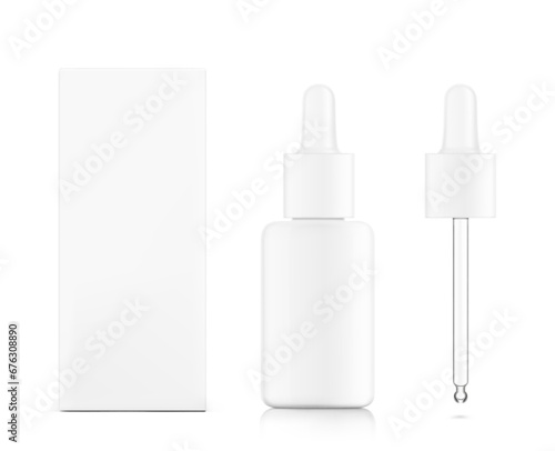 Realistic cardboard packaging box mockup with dropper bottle mockup isolated on white background.Vector illustration.  Сan be used for cosmetic, medical and other needs. EPS10.