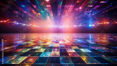 A radiant disco dance floor illuminated by a kaleidoscope of colorful lights photo