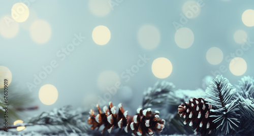 Christmas background with tree branches and pine cones. Merry Xmas card with lights on blue snowy surface. Generative Ai