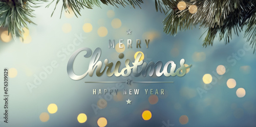 Christmas card wishes on empty blue background with tree branches and bokeh. Merry Xmas card with lights. Happy New Year. Generative Ai