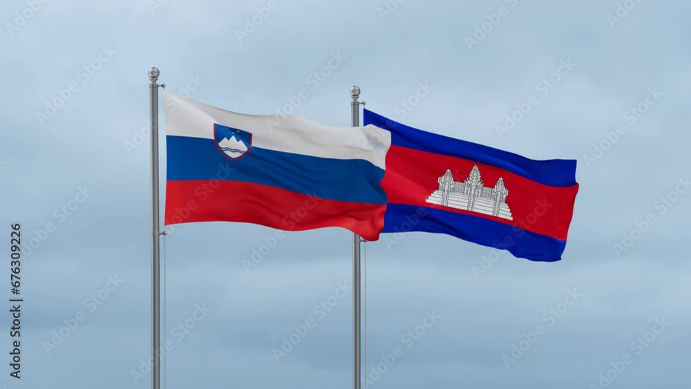 Cambodia flag and Slovenia flag waving together on cloudy sky, endless seamless loop, two country relations concept Cambodia flag and Slovenia flag waving together on cloudy sky, endless seamless loop, two country relations concept
