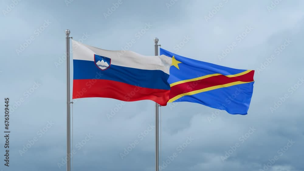 Democratic Republic of the Congo flag and Slovenia flag waving together on cloudy sky, endless seamless loop, two country relations concept Democratic Republic of the Congo flag and Slovenia flag waving together on cloudy sky, endless seamless loop, two country relations concept
