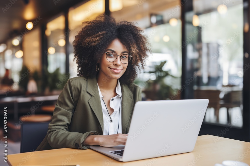 Young woman working on laptop, student or freelancer with a computer at a table, portrait shot, AI generative Young woman working on laptop, student or freelancer with a computer at a table, portrait shot, AI generative