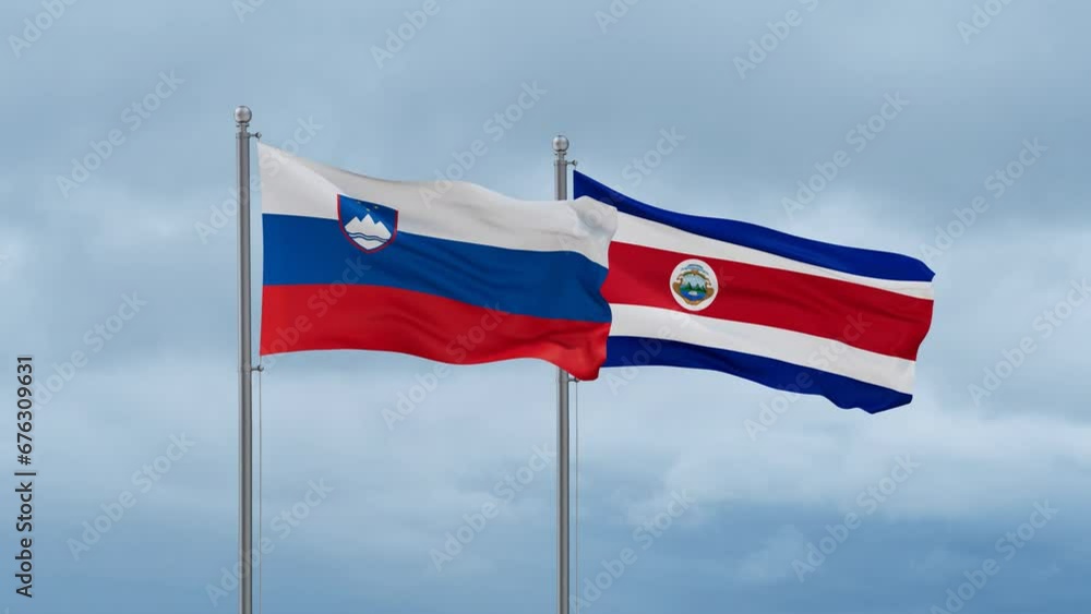 Costa Rico and Slovenia flag waving together on cloudy sky, endless seamless loop, two country cooperation concept Costa Rico and Slovenia flag waving together on cloudy sky, endless seamless loop, two country cooperation concept