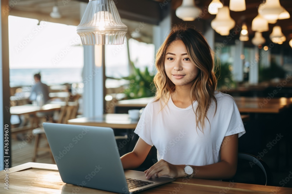 Young woman working on laptop, student or freelancer with a computer at a table, portrait shot, AI generative Young woman working on laptop, student or freelancer with a computer at a table, portrait shot, AI generative