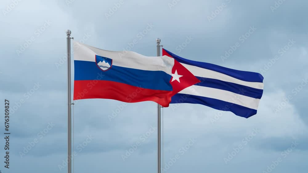 Cuba and Slovenia flag waving together on cloudy sky, endless seamless loop, two country cooperation concept Cuba and Slovenia flag waving together on cloudy sky, endless seamless loop, two country cooperation concept