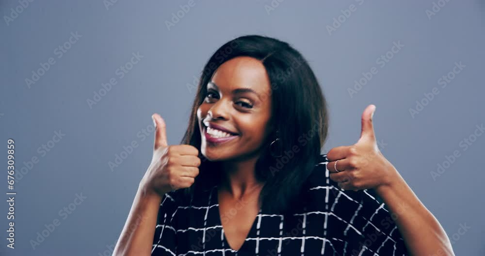 Black woman, face and thumbs up in studio, like and positive review or ...
