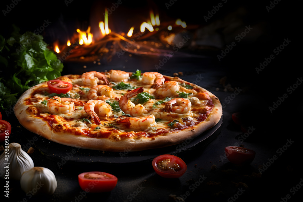 Wood fired oven seafood Pizza with shrimps, shellfish, squid, tomato and herbs served on a black plate on black background with copy space, Delicious Italian food cusine