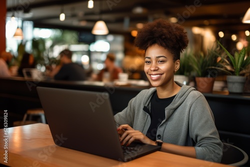 Young woman working on laptop, student or freelancer with a computer at a table, portrait shot, AI generative