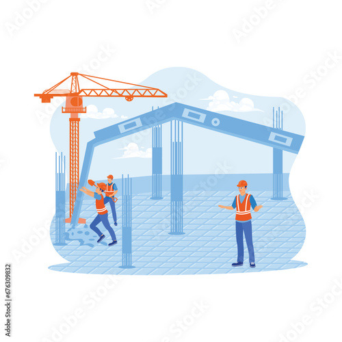 Civil architect engineers inspect and work on building sites of outdoor structure. Workers are in the process of casting support pillars. Architect and engineer construction concept. 