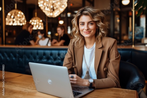 Young woman working on laptop, student or freelancer with a computer at a table, portrait shot, AI generative