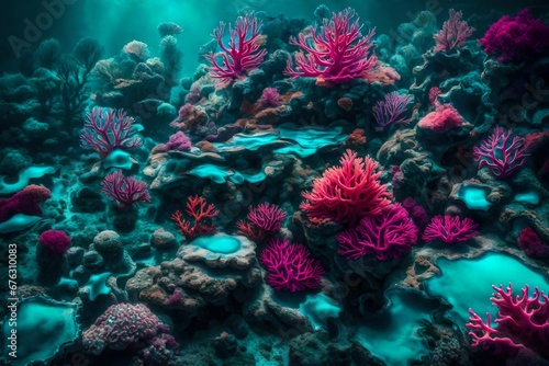 An abstract underwater world of liquid turquoise and liquid fuchsia corals.